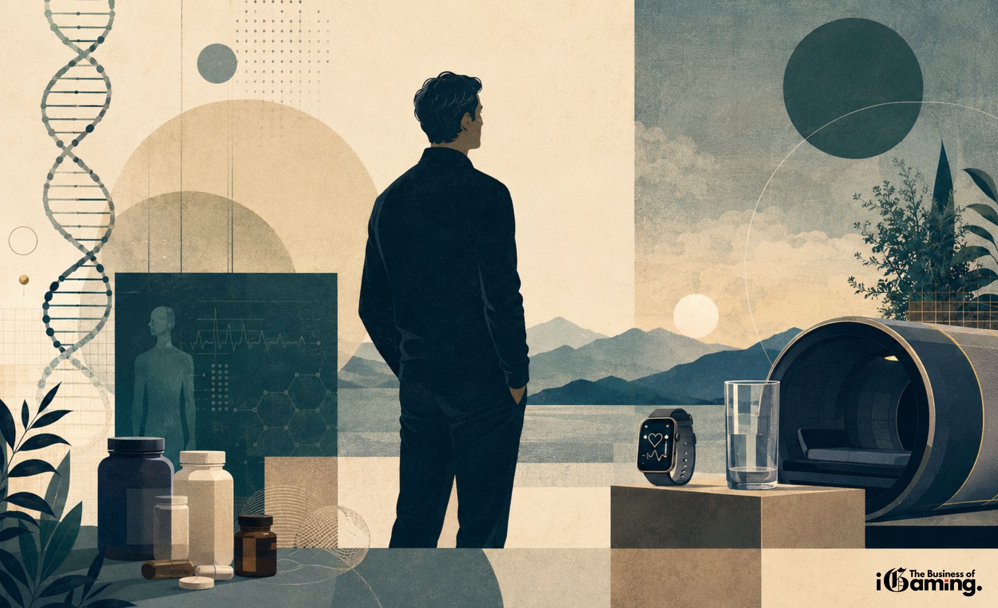 Inside the Executive Longevity Arms Race – How Founders, Investors and High Performers are Turning Longevity into the Ultimate Luxury Category Editorial illustration representing executive longevity, biohacking and luxury wellness technology including DNA, health diagnostics, wearables and advanced recovery systems