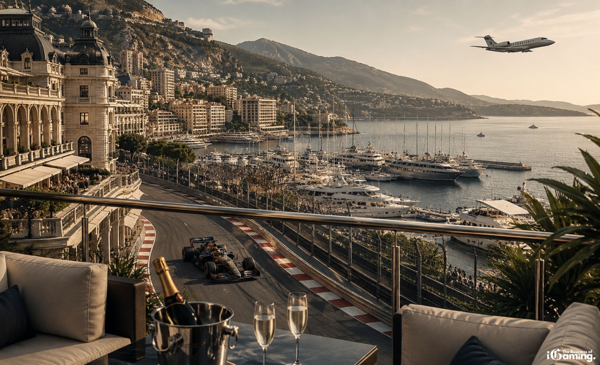 Inside Formula 1 Hospitality: What Elite Access Really Costs in 2026 Luxury Formula 1 race weekend scene overlooking Monaco harbour with yachts, private jet, champagne terrace and trackside racing action
