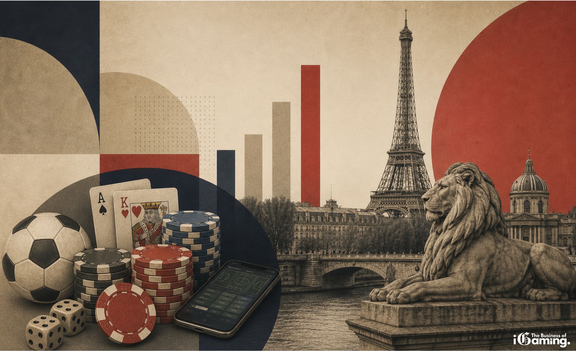 France Gambling Market: A Hybrid Model Driving Digital Growth Illustration of France’s iGaming market featuring the Eiffel Tower, Paris skyline, and casino elements like poker chips, cards, dice, and sports betting visuals in a muted editorial design