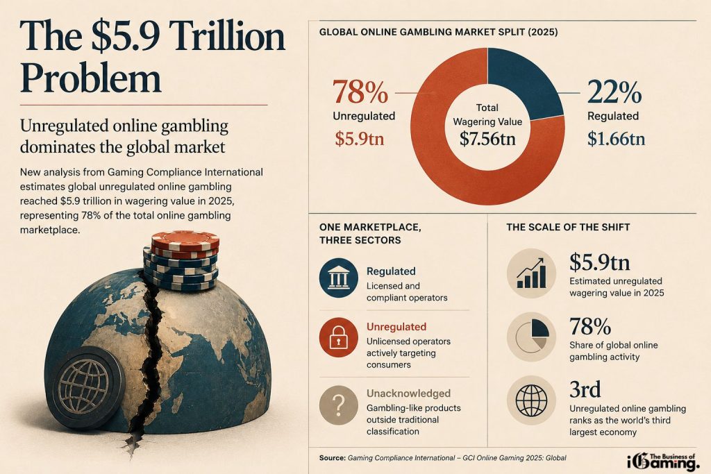 Infographic showing the global online gambling market split in 2025, with $5.9 trillion in unregulated wagering value representing 78% of total global online gambling activity.