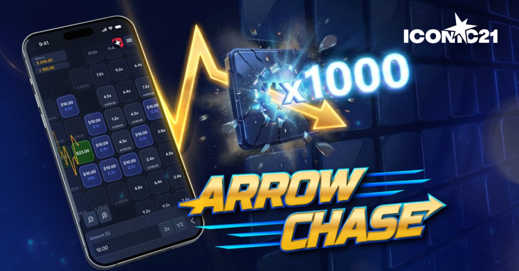 ICONIC21 Arrow Chase game interface showing continuous multiplayer gameplay with multiplier mechanics and x1000 potential payout