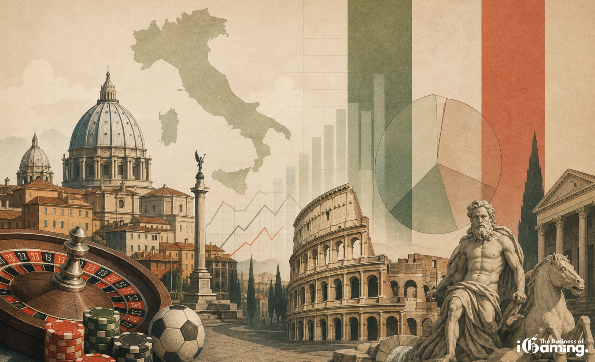 The Italian Gambling Market: A Stable Giant Entering a New Phase of Growth Illustration of the Italian gambling market featuring Rome landmarks, roulette wheel, casino chips, soccer ball and economic growth charts