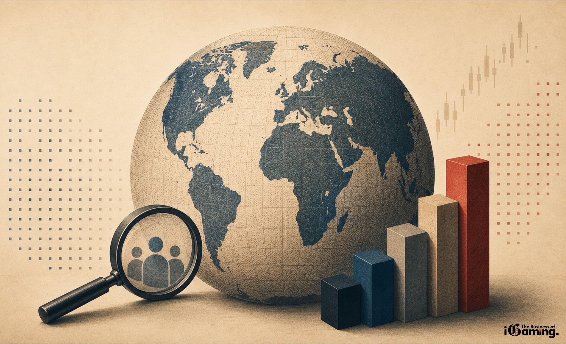 The Most Open and Brand-Driven Markets in iGaming Illustration of a global iGaming market analysis concept featuring a world globe, magnifying glass, and rising market bars symbolizing brand-driven and open gambling markets across different regions.
