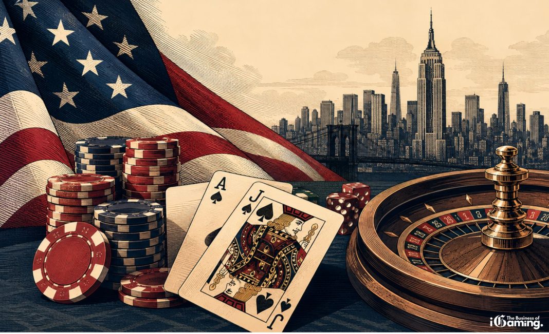 Illustration of casino chips, playing cards and roulette wheel with the American flag and New York skyline representing the most popular casino games on the US market in 2026