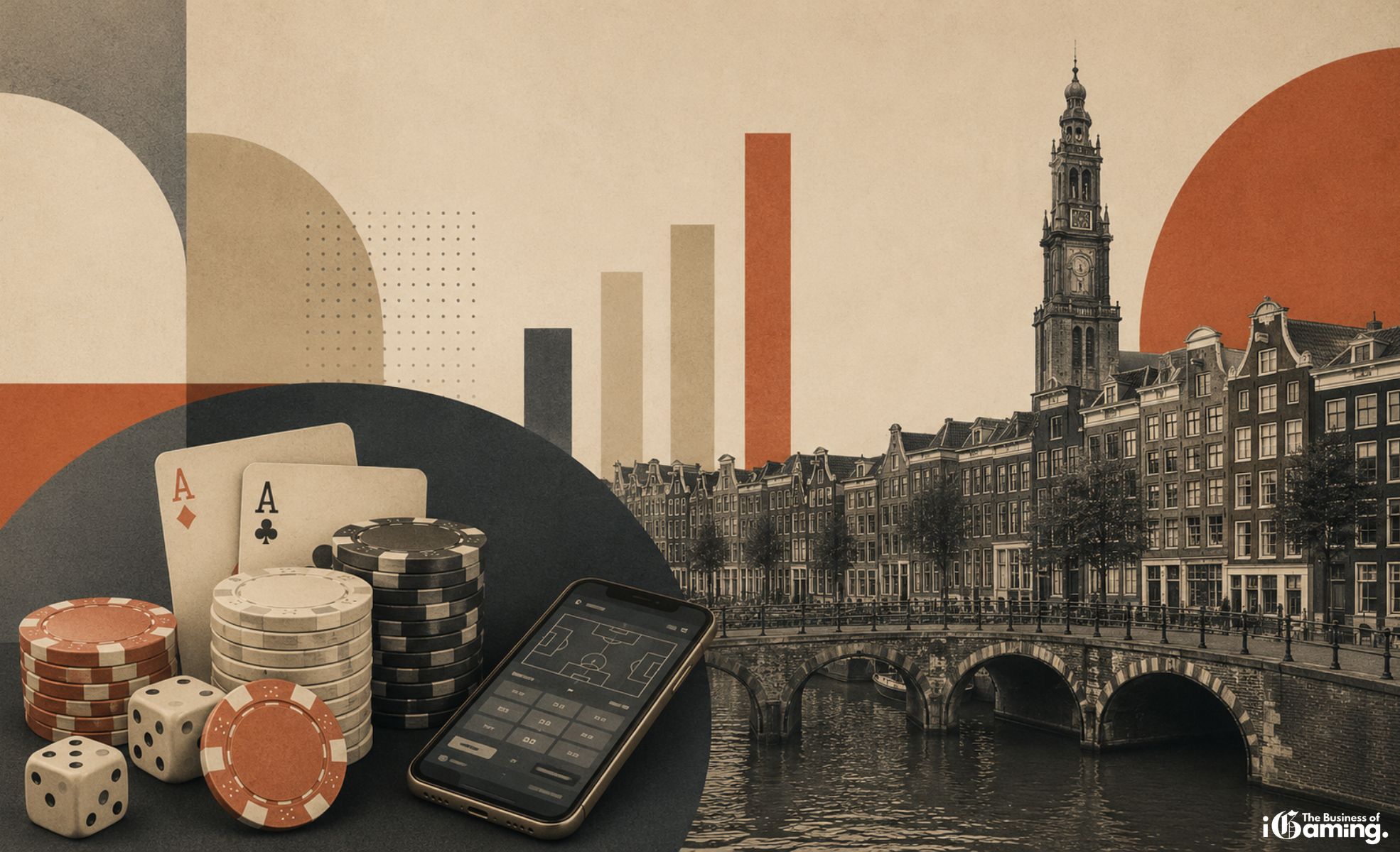 The Netherlands iGaming Market: Mature Regulation Meets Rapid Online Casino Growth Illustration of the Netherlands iGaming market featuring Amsterdam canal houses, a historic Dutch landmark, casino chips, playing cards, dice, and a mobile betting interface in a monochrome editorial design.