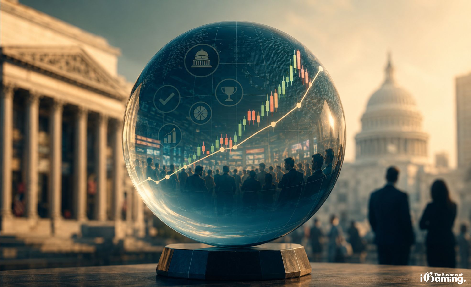 Prediction Markets Are Moving Mainstream — And The Numbers Are Starting To Look Impossible To Ignore Editorial illustration of the prediction markets industry featuring financial charts, government symbolism and speculative trading growth in a modern financial environment