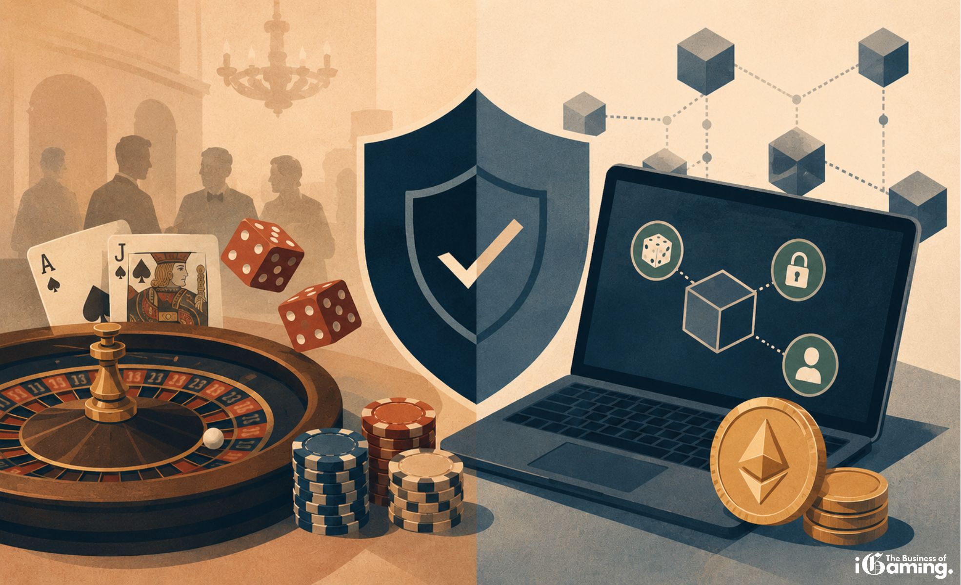 Provably Fair Casinos: What Players Can Really Verify Editorial illustration showing traditional casino gaming elements alongside cryptocurrency and blockchain verification concepts for an article about provably fair crypto casinos