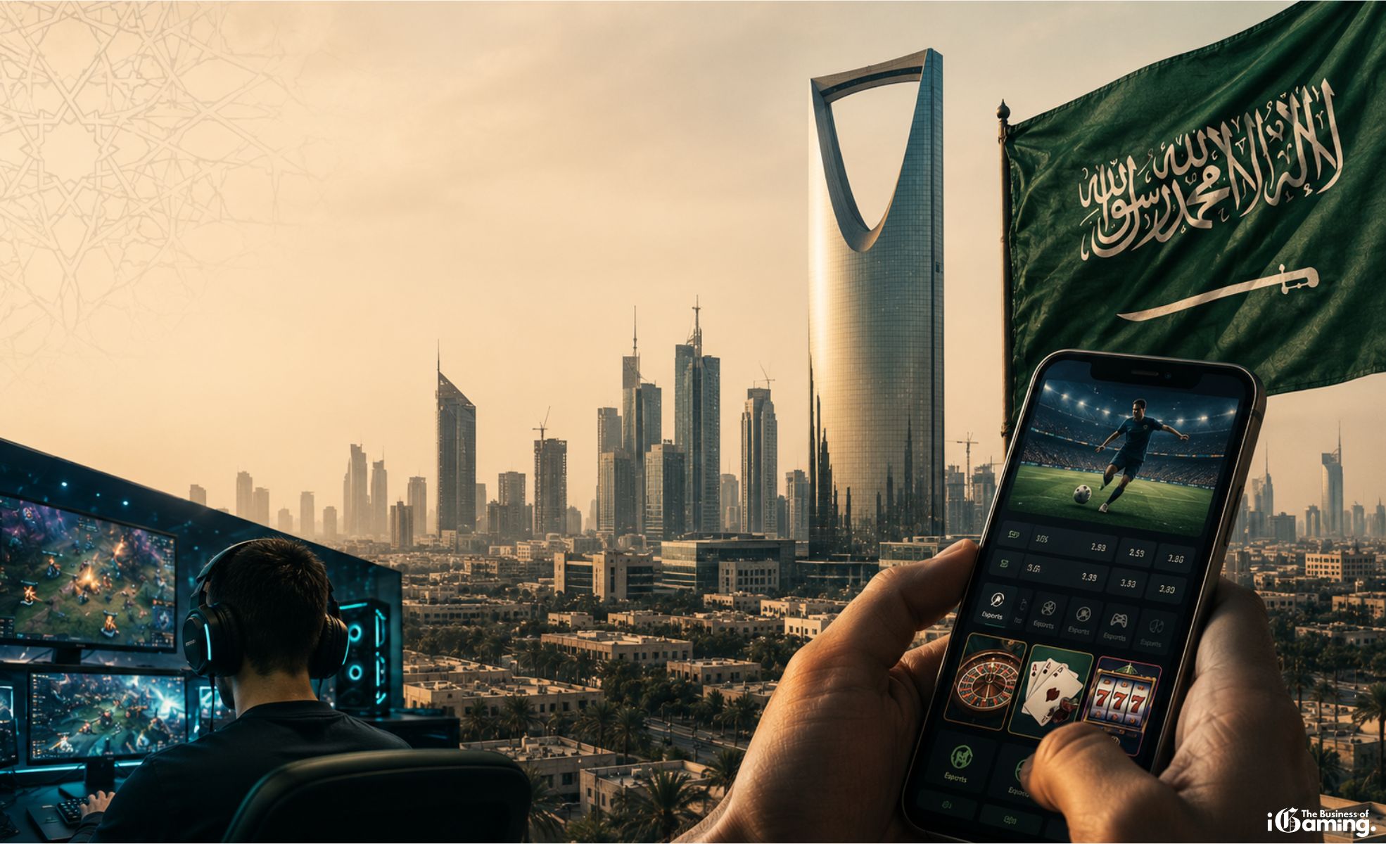 Saudi Arabia’s Hidden iGaming Economy: The Grey Market Opportunity Emerging Alongside Vision 2030 Illustration of Saudi Arabia’s emerging iGaming grey market with Riyadh skyline, esports gaming setup, and mobile betting interface
