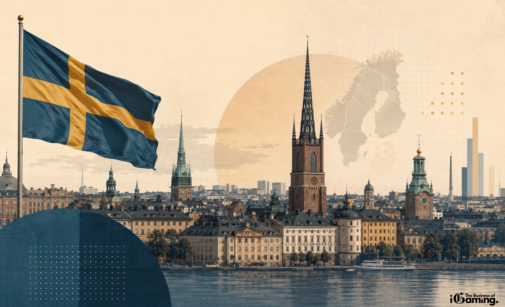 The Swedish Gambling Market: A Nordic Giant That Punches Above Its Weight Illustration of Stockholm skyline and Swedish flag representing the Swedish gambling market and Nordic iGaming industry