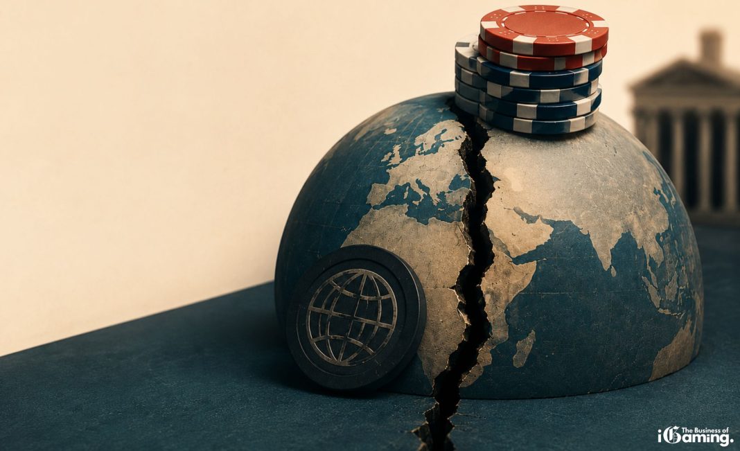 Editorial illustration showing a cracked globe with casino chips symbolising the global divide between regulated and unregulated online gambling markets