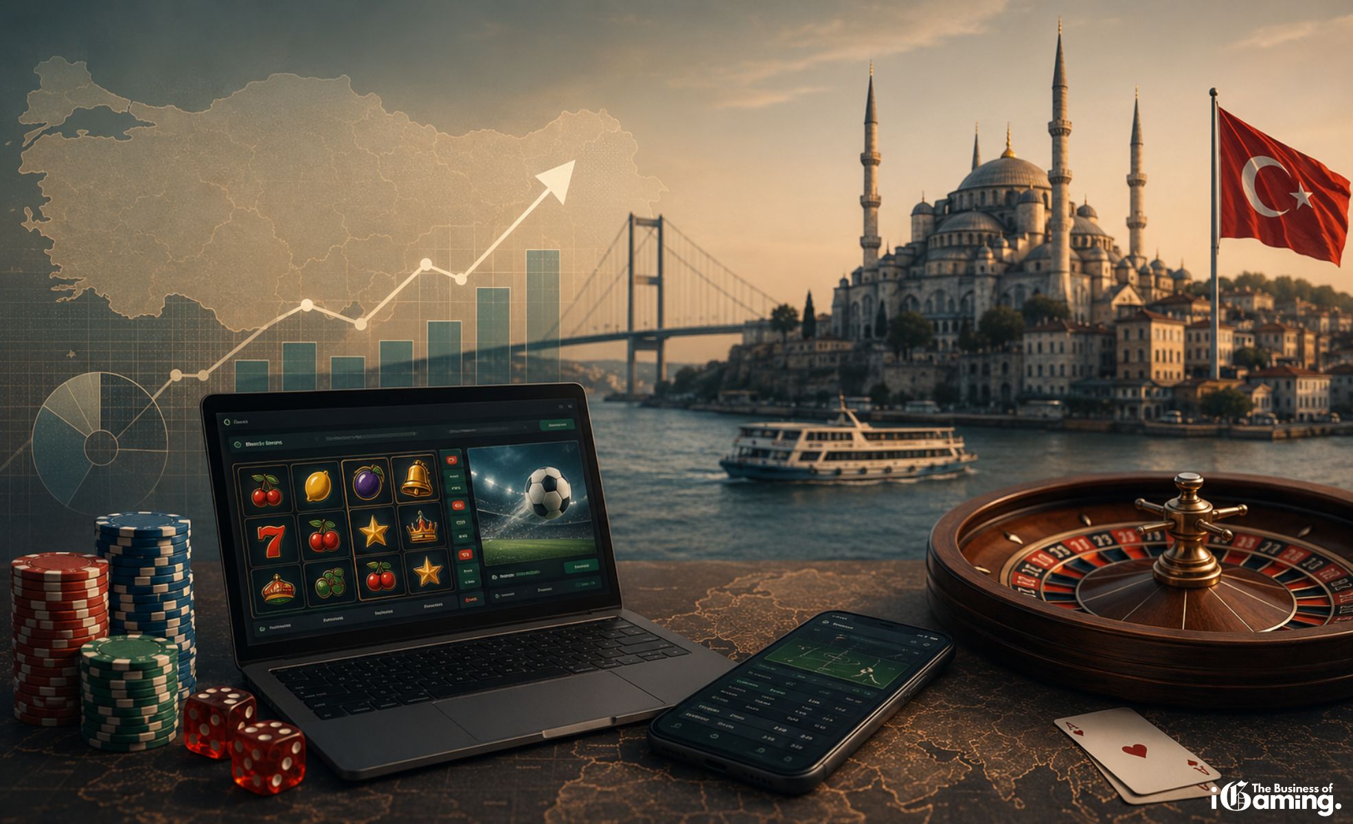 Turkey’s Online Gambling Market is Becoming One of The Most Interesting Grey Markets in iGaming Illustration of Turkey’s online gambling market featuring Istanbul skyline, online casino interface, roulette wheel, sportsbook mobile app, and Turkish market growth visuals.