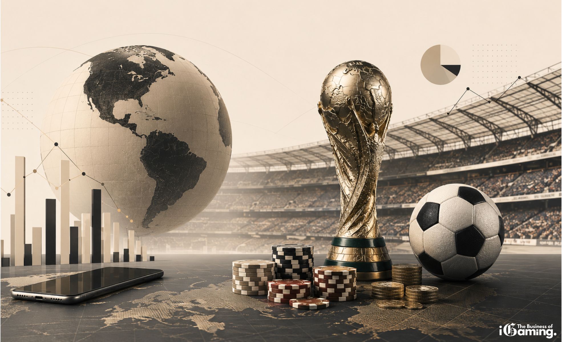 The Ultimate World Cup 2026 Guide for iGaming Illustration of FIFA World Cup 2026, featuring football trophy, stadium, betting chips, mobile sportsbook and global market analytics for iGaming industry coverage