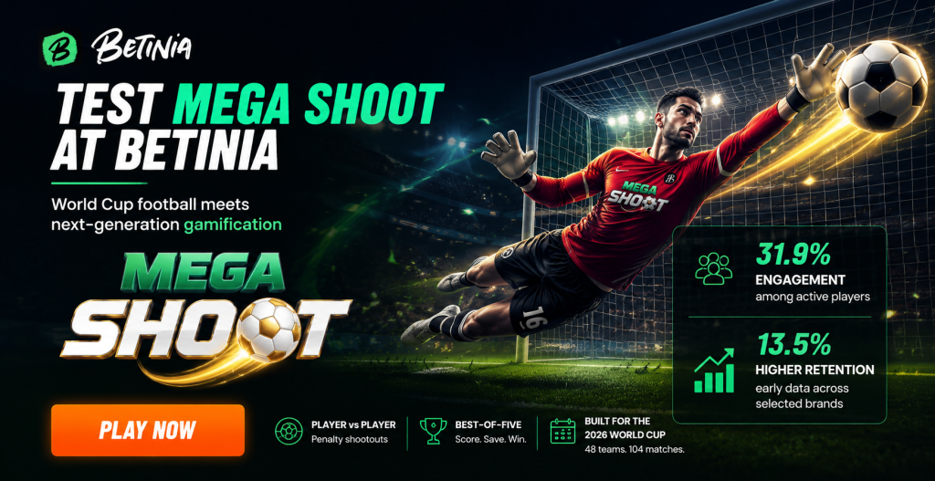 Promotional banner for Betinia featuring Soft2Bet's MEGA Shoot football gamification experience with a goalkeeper making a penalty save, highlighting World Cup-themed gameplay, player engagement and retention features.