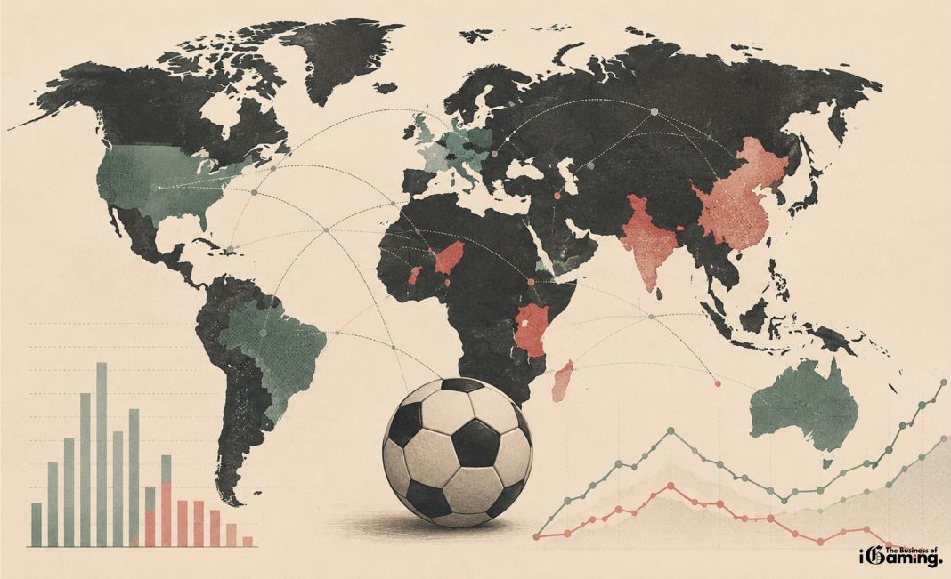 Editorial illustration of a world map with football-themed data visualisation representing global World Cup interest and iGaming market trends during the 2026 FIFA World Cup.