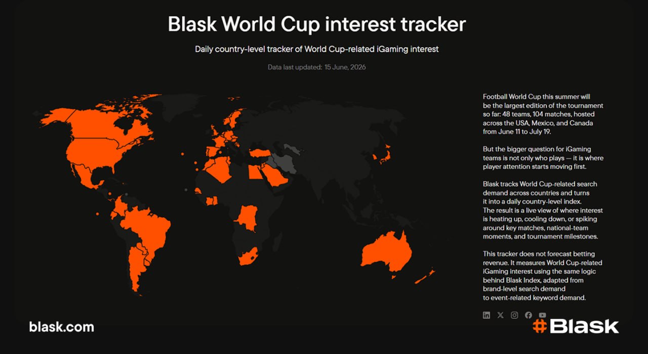 Blask World Cup Interest Tracker showing global World Cup-related iGaming search demand across participating nations during the 2026 FIFA World Cup.
