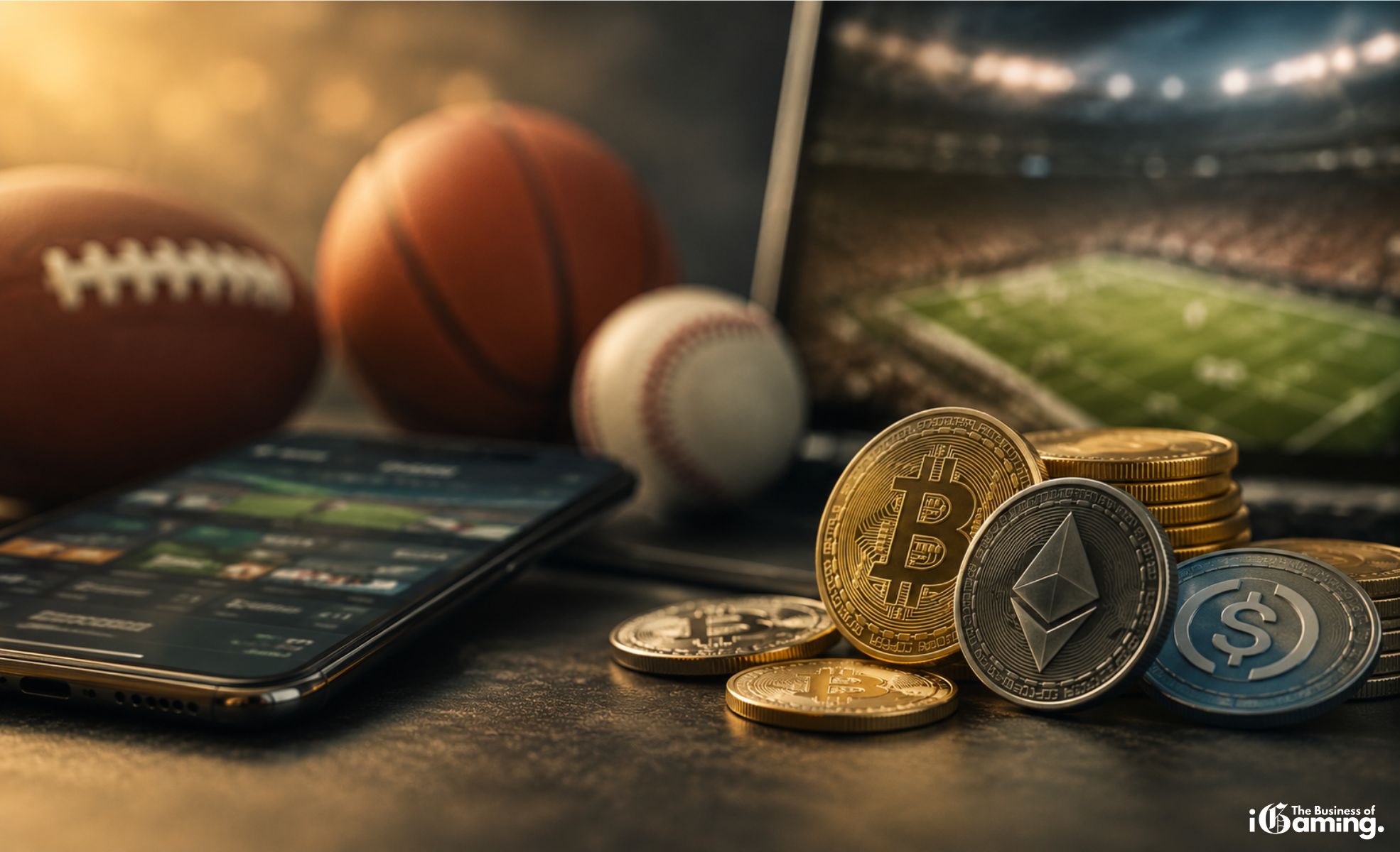 Crypto Payments Edge Closer To The Mainstream In US Sports Betting, New Paysafe Study Finds Cryptocurrency coins including Bitcoin and Ethereum beside a mobile sports betting app and stadium backdrop, illustrating the growing role of crypto payments in the US online sports betting industry.
