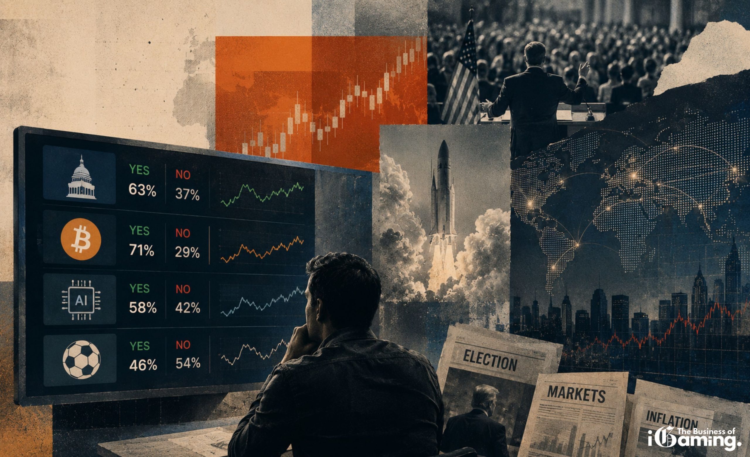 Beyond Sports Betting: Why Prediction Markets Could Become The Next Affiliate Boom Editorial illustration showing prediction markets in iGaming with politics, cryptocurrency, artificial intelligence, financial markets and global events converging into a new betting vertical for operators and affiliates.