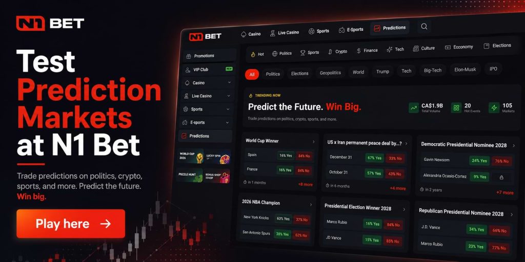 Promotional banner for N1 Bet Prediction Markets showing event-based betting on politics, cryptocurrency, sports and global news through a fixed-odds prediction platform.
