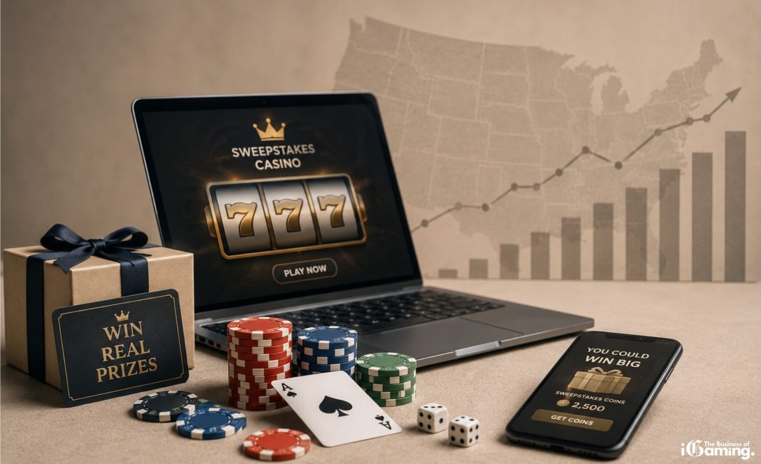 Editorial-style featured image illustrating the US sweepstakes casino market with a laptop displaying a sweepstakes slot game, poker chips, prize box, smartphone, and an upward-trending market chart against a map of the United States, symbolising industry growth and competition.