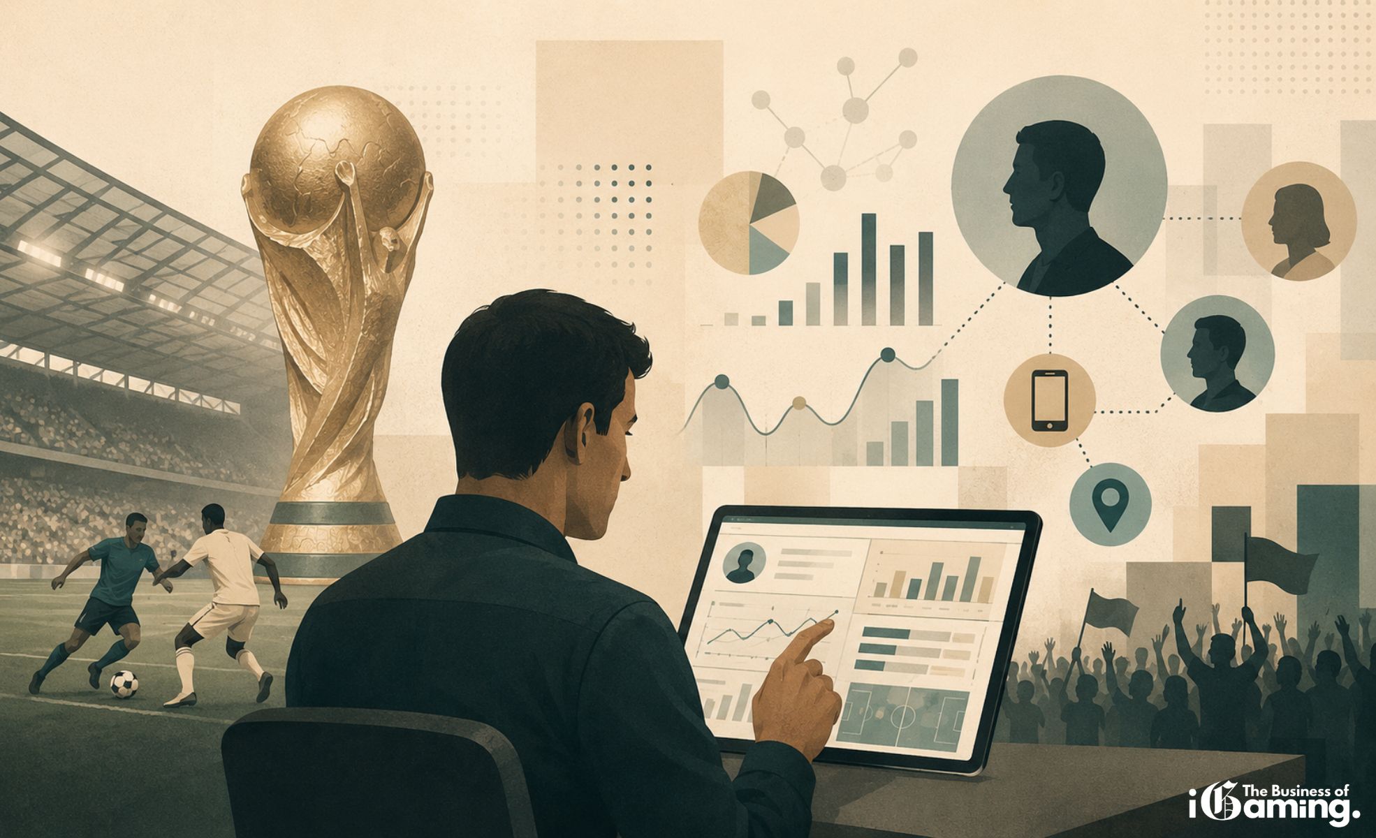 World Cup 2026: The Most Personalized Betting Event Ever Editorial illustration showing the FIFA World Cup trophy, football stadium, data analytics dashboard and AI-driven personalization concepts representing the future of sports betting during World Cup 2026.