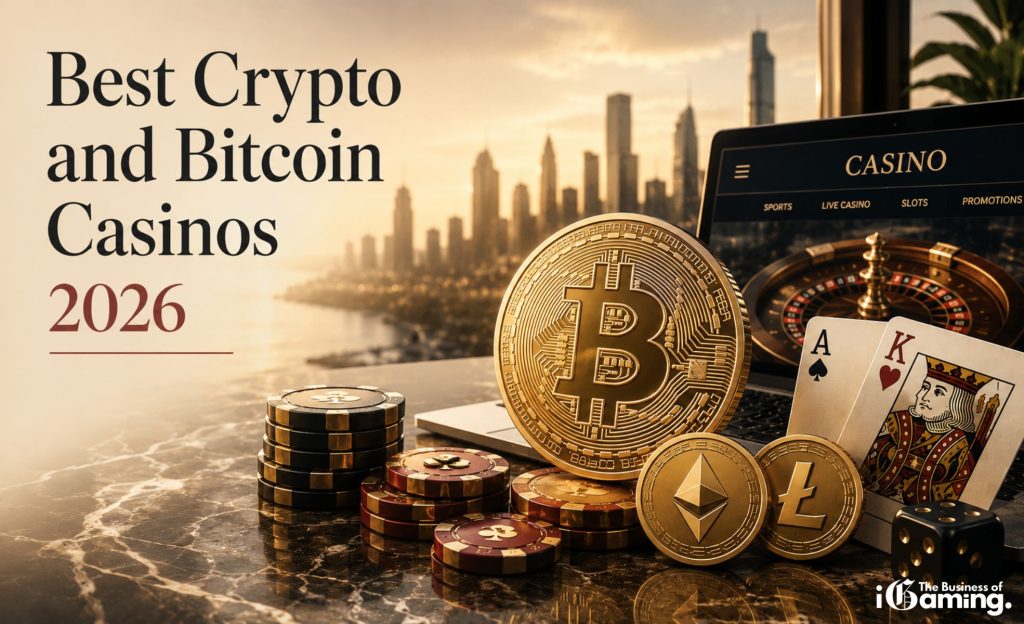 Luxury featured image illustrating the best crypto and Bitcoin casinos in 2026 with Bitcoin, Ethereum, casino chips, playing cards and a premium online casino interface.