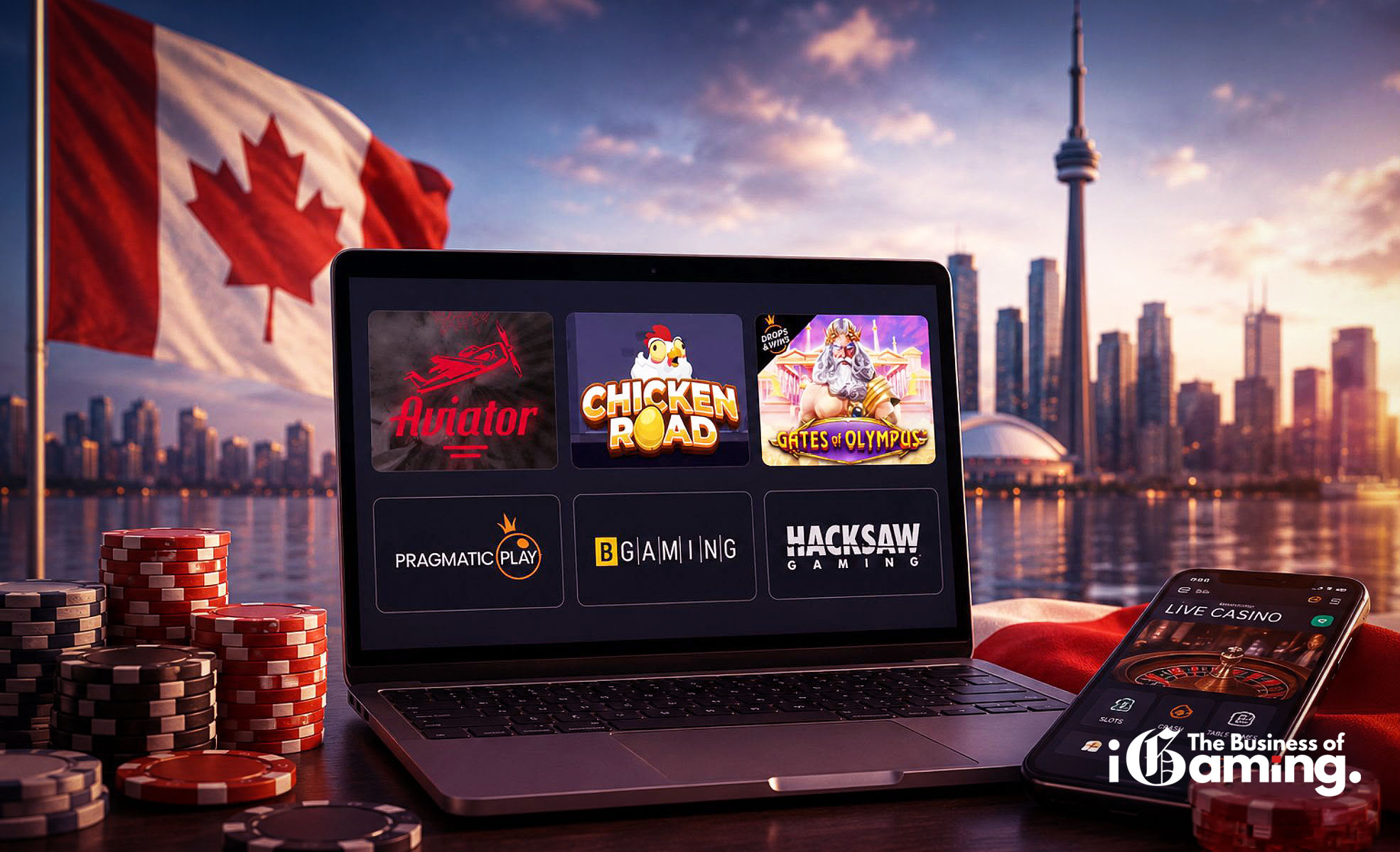 Featured image illustrating the Canadian online gambling market with the Toronto skyline, Canadian flag, casino chips, and leading casino games including Aviator, Chicken Road and Gates of Olympus alongside top game providers Pragmatic Play, BGaming and Hacksaw Gaming.