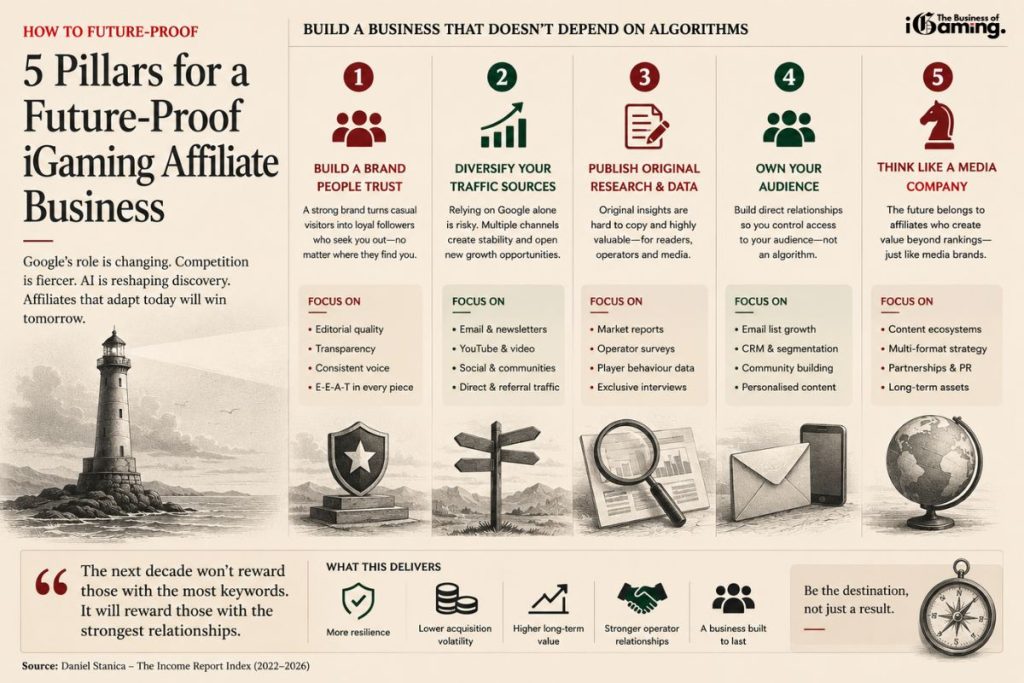 Infographic outlining five strategies to future-proof an iGaming affiliate business, including building a trusted brand, diversifying traffic sources, publishing original research, owning your audience, and adopting a media company mindset in the era of AI and zero-click search.