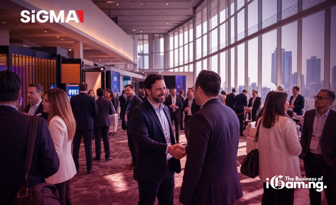 Delegates networking at the SiGMA North America 2026 summit expo floor in Mexico City