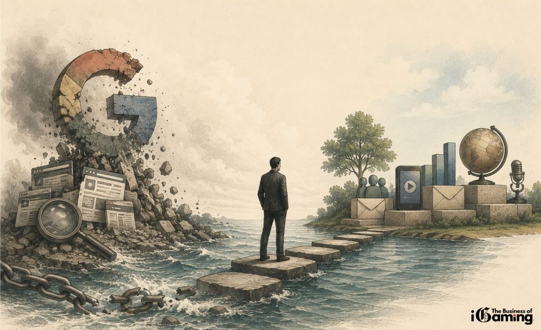 Editorial illustration symbolizing the transition from SEO-dependent iGaming affiliate businesses to brand-led, diversified media companies, featuring a crumbling search landscape on one side and sustainable audience-building, original research and multi-channel growth on the other.