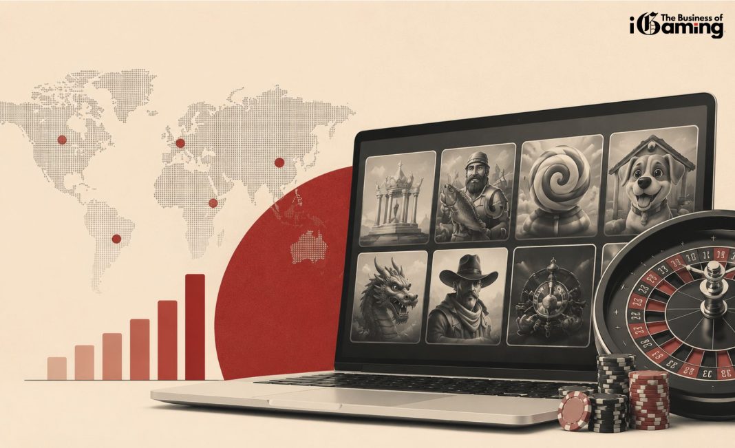 Editorial illustration of an online casino lobby with slot games, roulette wheel and world map representing the top game providers by lobby visibility across global casino markets.
