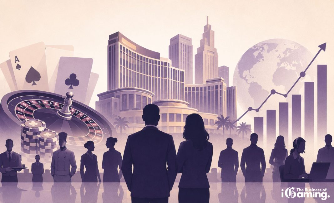 Illustration representing the world's largest publicly traded gambling companies by number of employees, featuring casino resorts, gaming symbols, business professionals and global industry growth.
