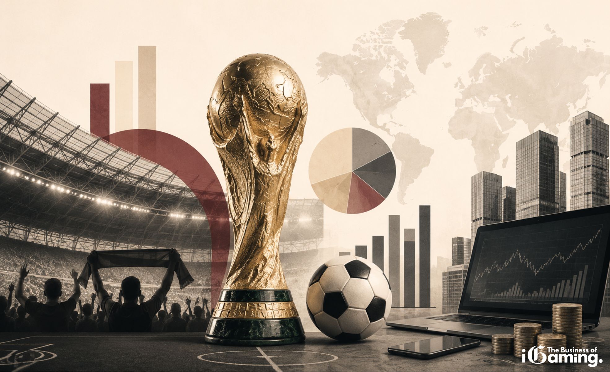 Who Wins Financially from the World Cup? Here are The Biggest Commercial Winners in iGaming Editorial illustration showing the FIFA World Cup trophy, football stadium, supporters, financial charts, stock market graphs and business imagery representing the commercial winners and economic impact of FIFA World Cup 2026.