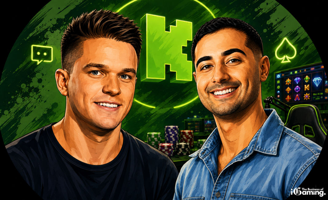 Illustration of Kick founders Ed Craven and Bijan Tehrani with Kick streaming and online casino elements