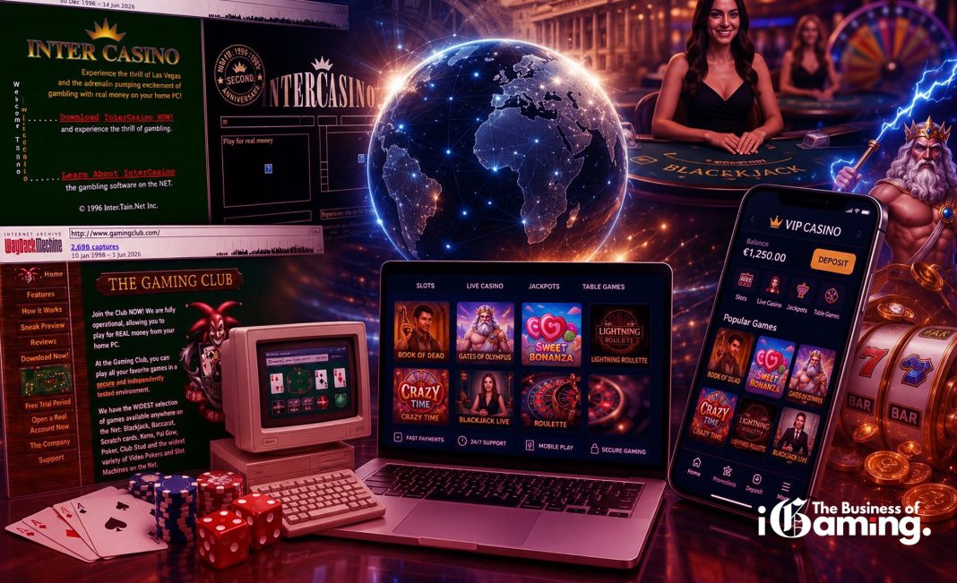 History of online casinos from early InterCasino and Gaming Club websites to modern mobile, live casino and online slot gaming.