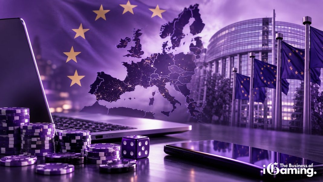 Europe’s unregulated online gambling market with EU flags, map of Europe, laptop and casino chips.