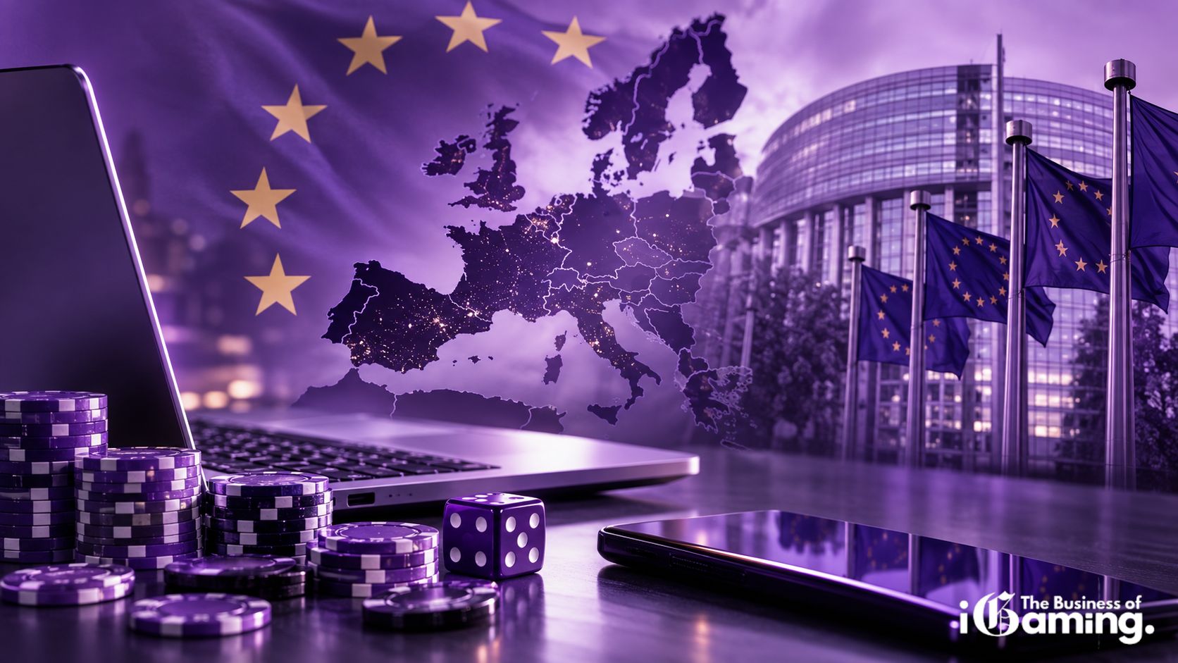 Europe’s Unregulated Online Gambling Market Reaches €91.6 Billion – 72% of EU Online GGR Europe’s unregulated online gambling market with EU flags, map of Europe, laptop and casino chips.