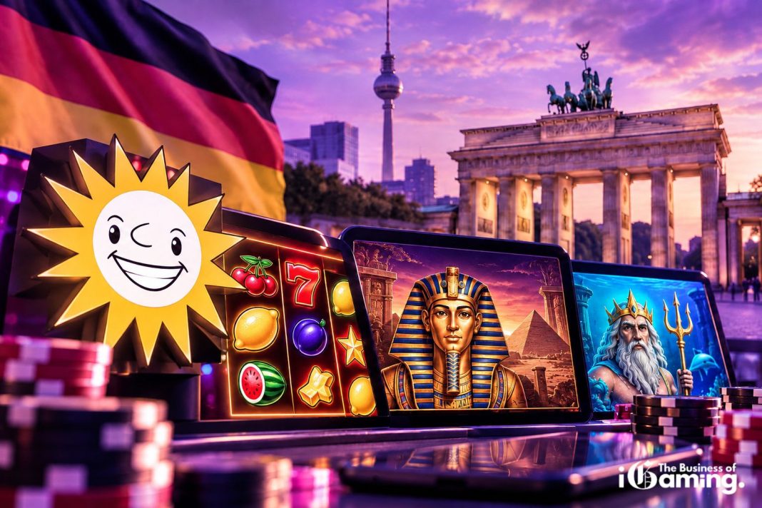 German casino market featuring classic slot games, Merkur-inspired imagery and Berlin landmarks with a purple hue
