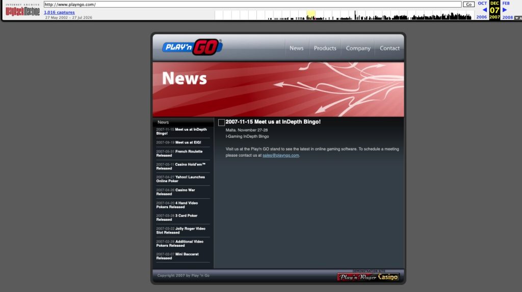 Play'n Go homepage 2007