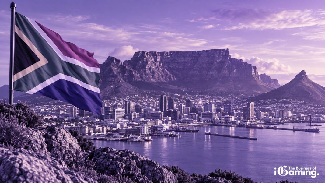 South African gambling market 2026 featuring Cape Town, Table Mountain and the South African flag in a purple hue.