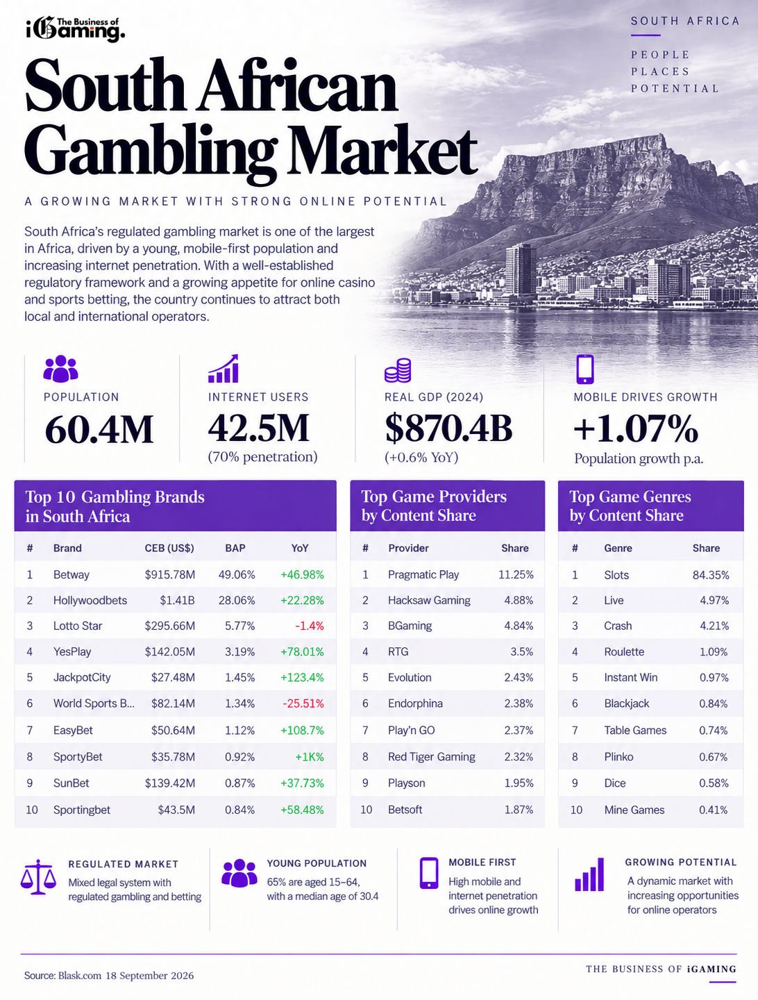 South African Gambling Market 2026 infographic showing leading gambling brands, game providers, game genres and key market statistics.