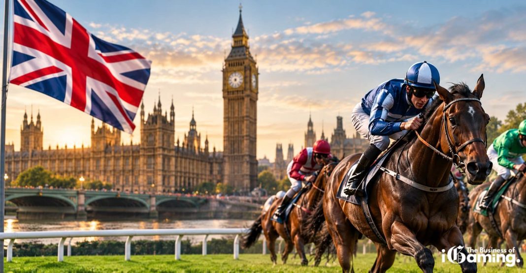 Horse racing in the UK with Big Ben and the Union Jack in the background, illustrating the biggest UK gambling affiliate websites in 2026.