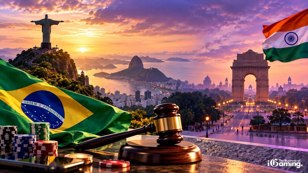 Brazilian and Indian flags alongside Christ the Redeemer, India Gate, a judge's gavel and casino chips, illustrating the impact of gambling bans in Brazil and India.