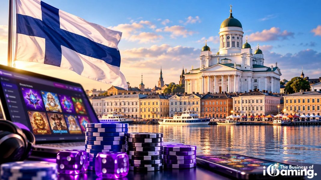 Finnish gambling market in 2026 illustrated by Helsinki Cathedral, the Finnish flag, an online casino platform, poker chips and dice, representing Finland's evolving online gambling industry and upcoming licensing reform in 2027.