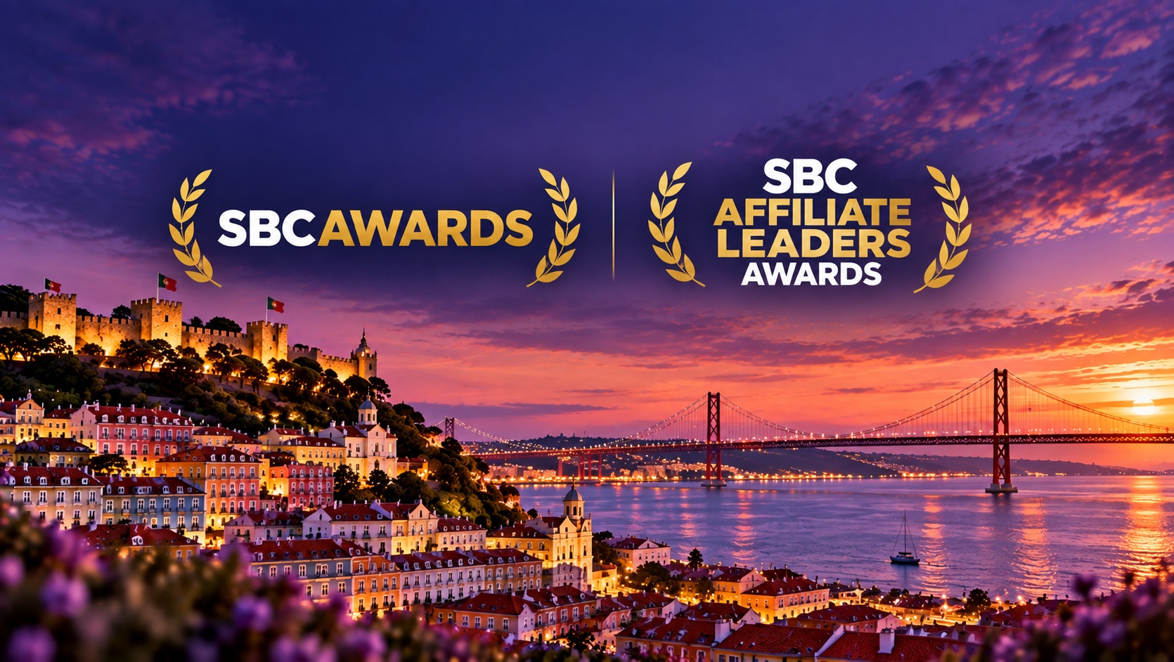 SBC Awards 2026: All Winners From the SBC Awards and Affiliate Leaders Awards SBC Awards and SBC Affiliate Leaders Awards logos against a purple-hued Lisbon skyline featuring the 25 de Abril Bridge at sunset.
